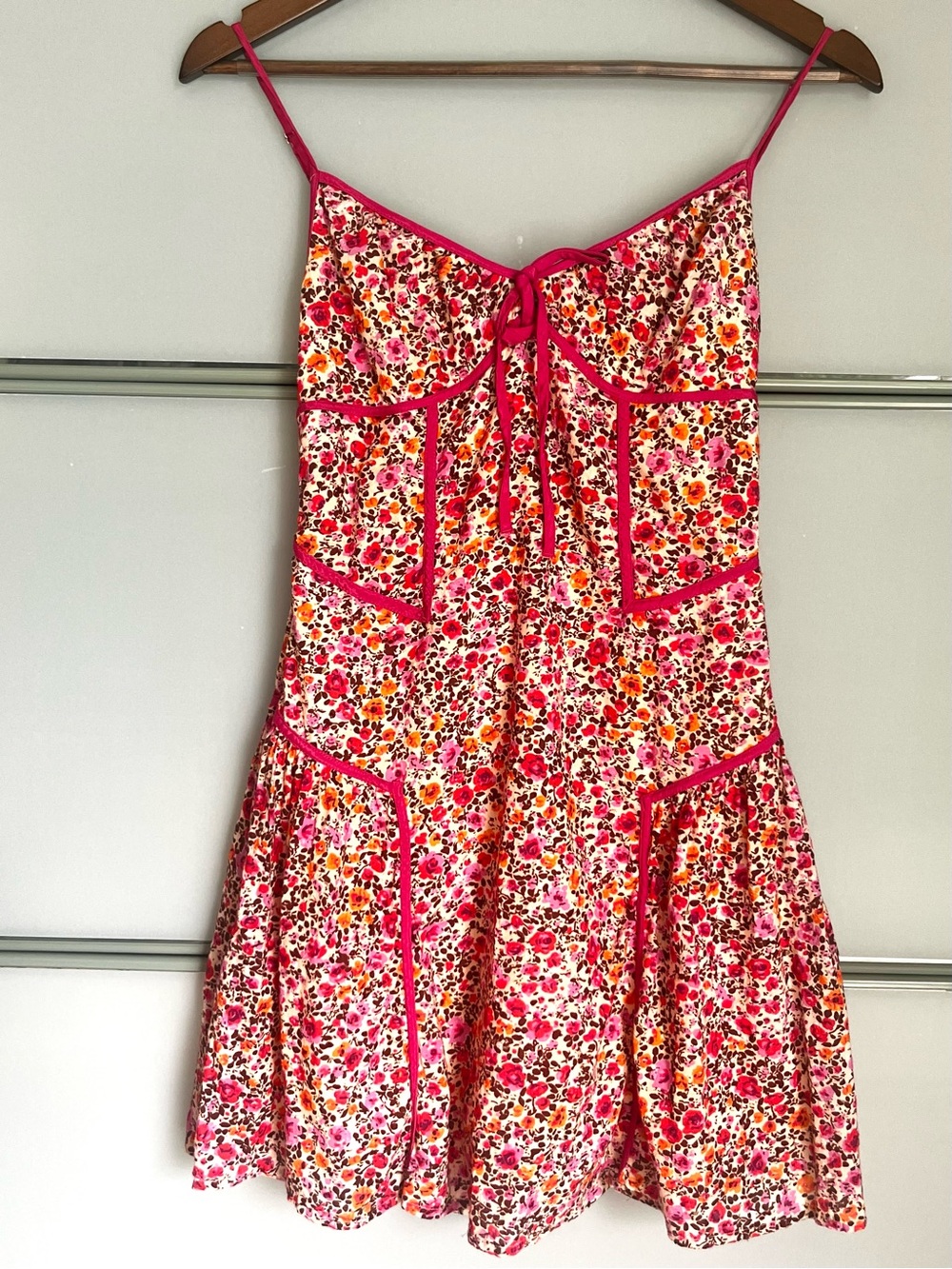 🌸 Anthropologie XS Floral Fit & Flare Mini Dress Pink Orange Boho Cottagecore